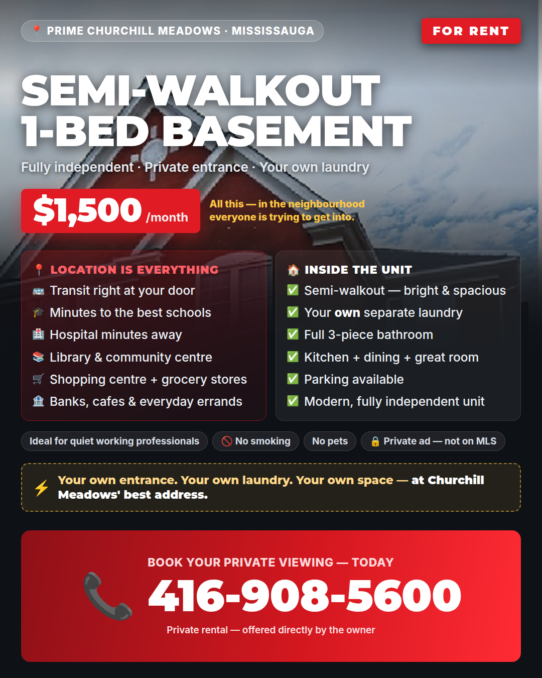 Semi-walkout one-bedroom basement for rent in Churchill Meadows, Mississauga - $1,500 per month